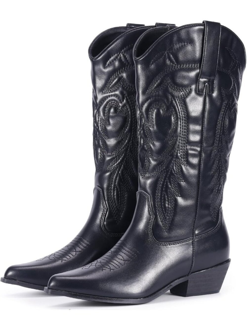 Women's Pointy Toe Cowgirl Black Mid Calf Ladies Western Boots with Chunky Heel
